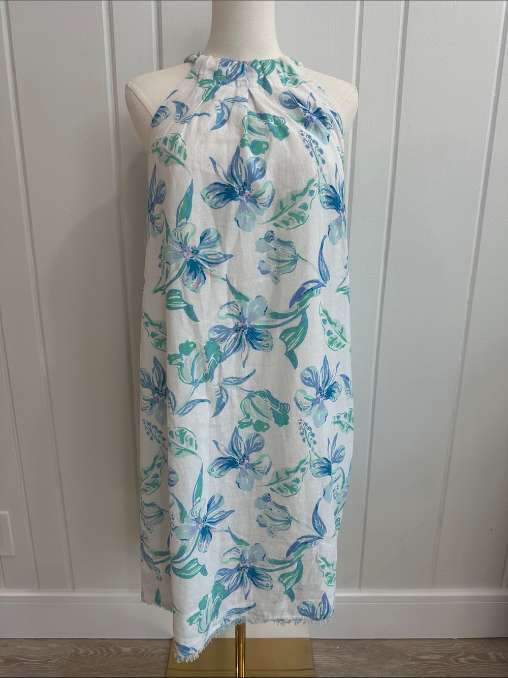 NWT M Charlie Paige Blue & Teal Floral Halter Dress 55Linen Fully Lined Cotton
